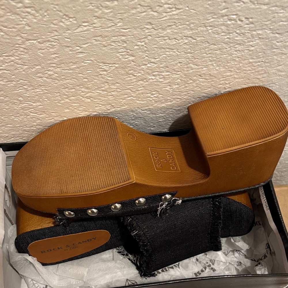 Rock & Candy Black Denim Mules with Wooden Heel - Picture 9 of 14